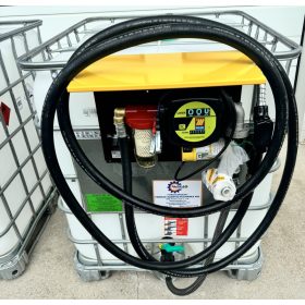   Használt 1000 l IBC tartály műanyag csappal ADR tanúsítvánnyal, ÚJ! MECLUBE gázolaj kimérő szett 12V 45 l/p szivattyú,  mech. óra, szűrőkészlet, 6 m tömlő, automata pisztoly.