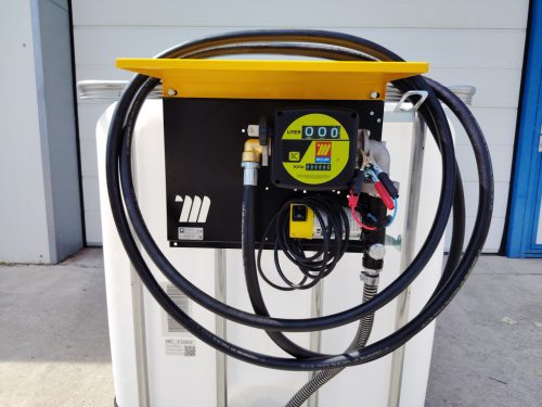 UN 1000 literes IBC tartály fém csap, MECLUBE 12V 45 l/p GÁZOLAJ kimérő szett, mechanikus mérőóra, 6 m nyomótömlő, automata pisztoly, ADR tanúsítvány