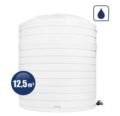12500 literes szimpla falú FEHÉR színű víztartály, 2" csőhálózat külső menet 2" csappal az alján, tetején dómfedél, levegőztető.