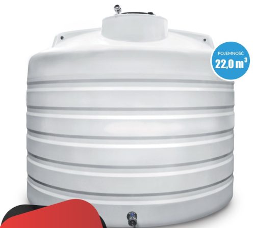 22000 literes szimpla falú FEHÉR színű víztartály, 2" csőhálózat külső menet 2" csappal az alján, tetején dómfedél, levegőztető.