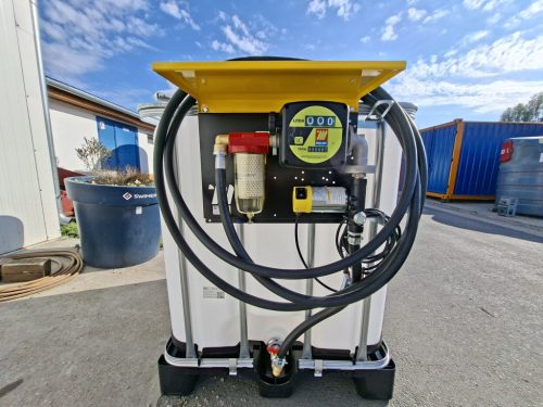 1000 literes IBC tartály fémcsappal, ADR tanúsítvánnyal, MECLUBE gázolaj kimérő szett 12V 45 l/p szivattyú, autpiszt.