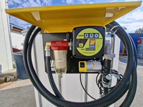 1000 literes IBC tartály fémcsappal, ADR tanúsítvánnyal, MECLUBE gázolaj kimérő szett 12V 45 l/p szivattyú, autpiszt.