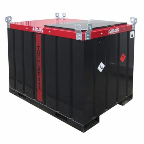 TANKUBE 960 literes ADR-es fém IBC tartály gázolaj szállítására. Vízálló, ívhegesztéssel készült, homokfúvásos, porfestéses