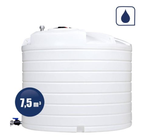 7500 literes szimpla falú FEHÉR színű víztartály, 2" csőhálózat külső menet 2" csappal az alján, tetején dómfedél, levegőztető.